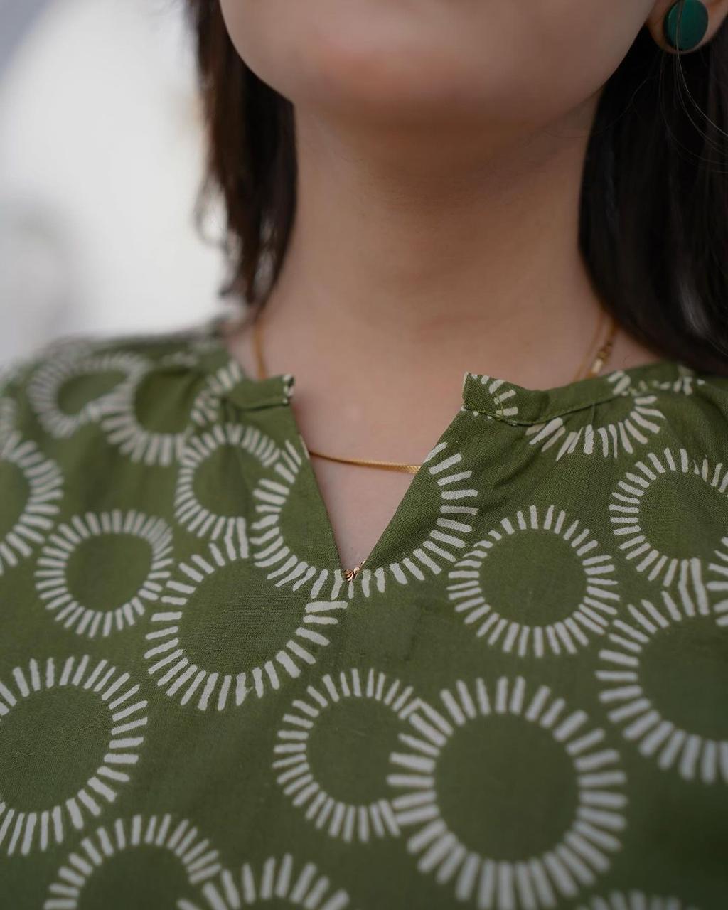 Olive Green Cotton Maxi Dress with Geometric Print & Balloon Sleeves