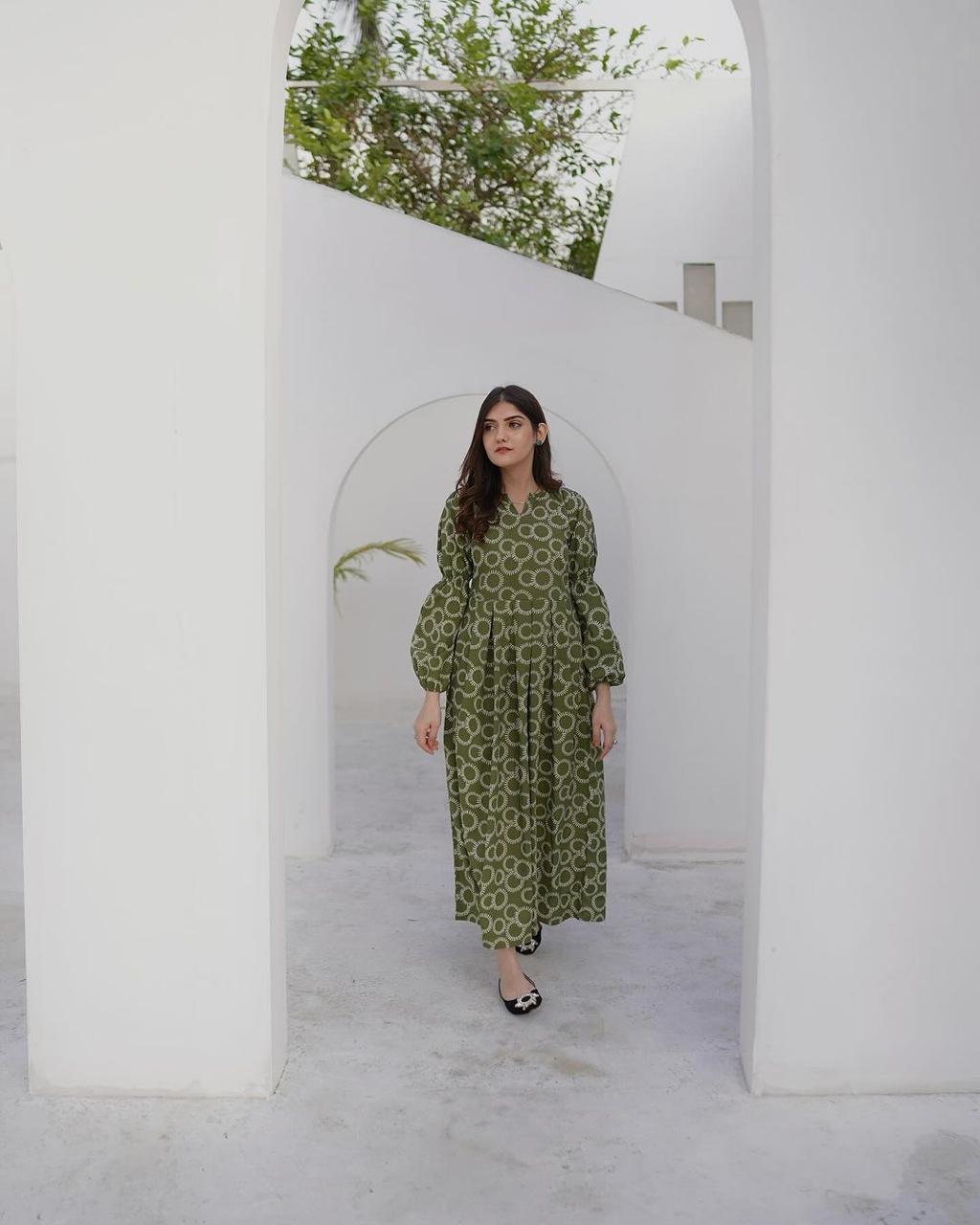 Olive Green Cotton Maxi Dress with Geometric Print & Balloon Sleeves