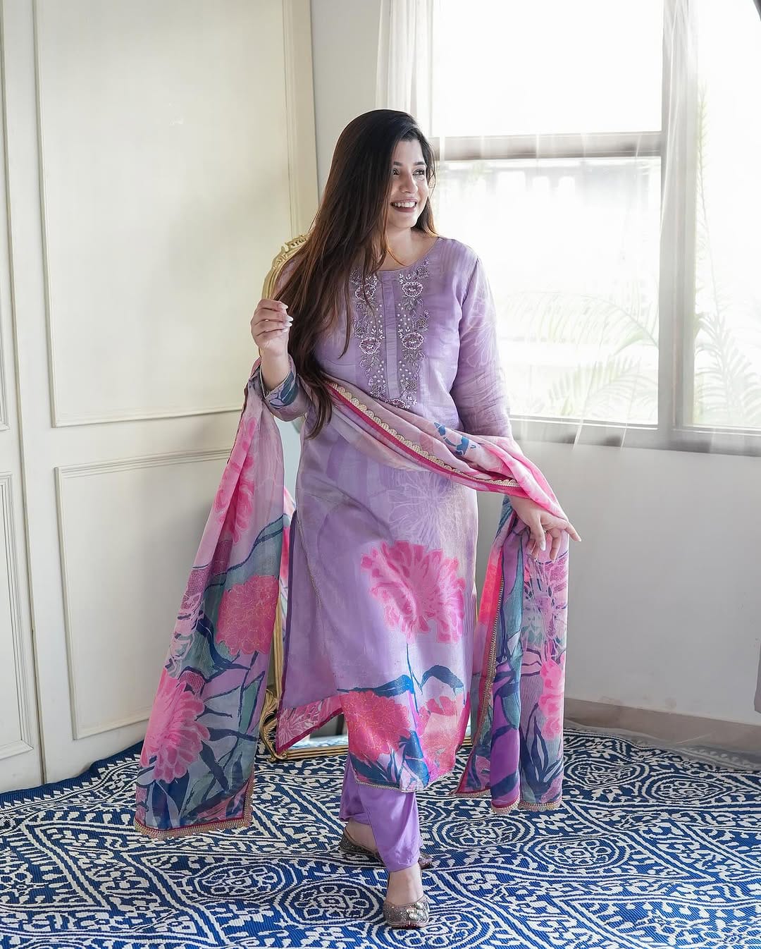 Elegant Lavender Chinon Suit with Floral Digital Print & Handwork Embellishments
