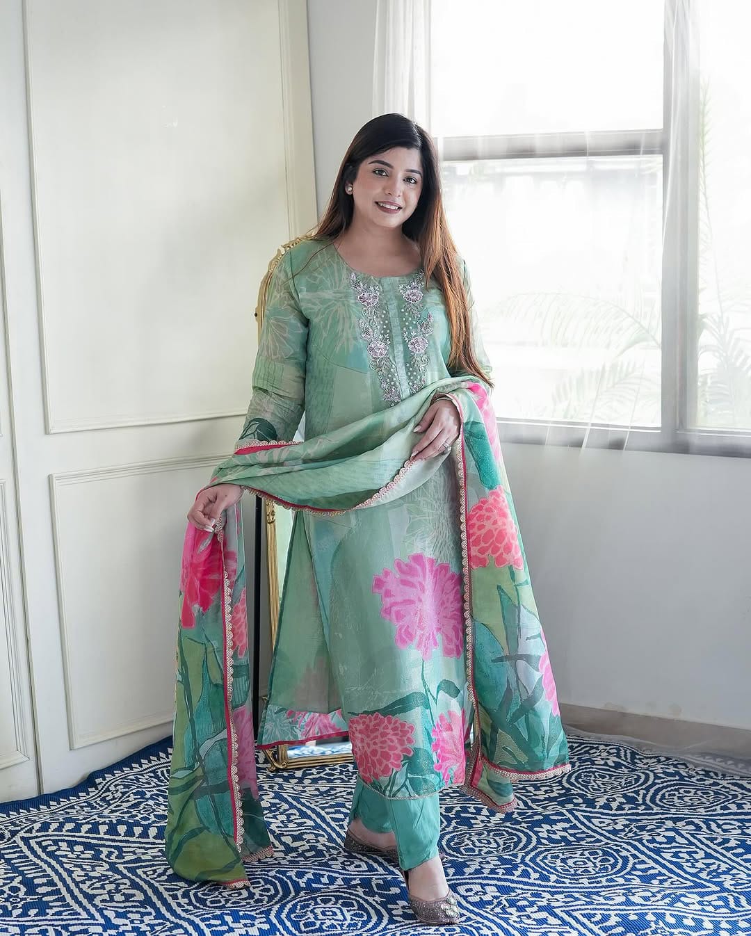 Elegant Green Chinon Suit with Floral Digital Print & Handwork Embellishments