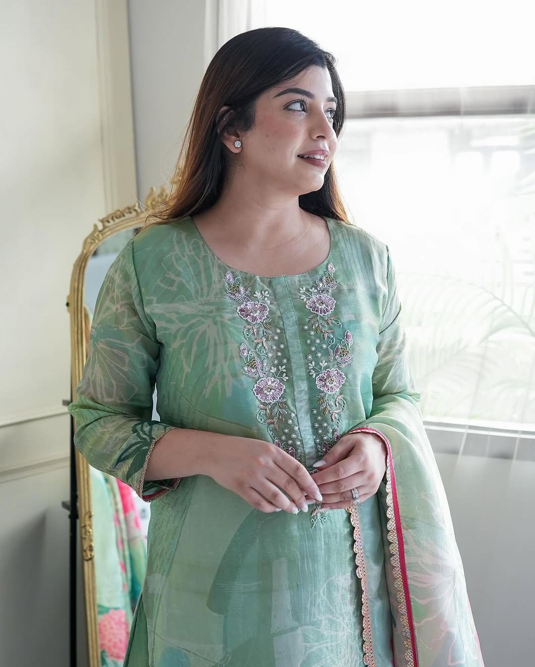 Elegant Green Chinon Suit with Floral Digital Print & Handwork Embellishments