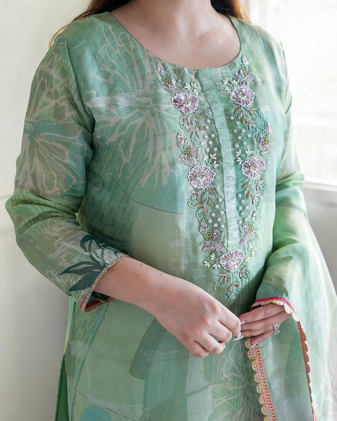 Elegant Green Chinon Suit with Floral Digital Print & Handwork Embellishments