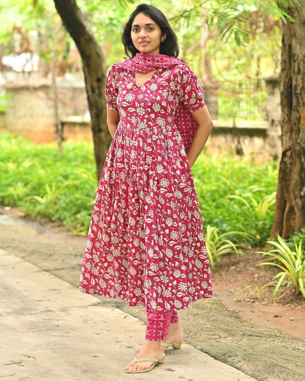 Raspberry Pink Floral Printed Cotton Suit Set