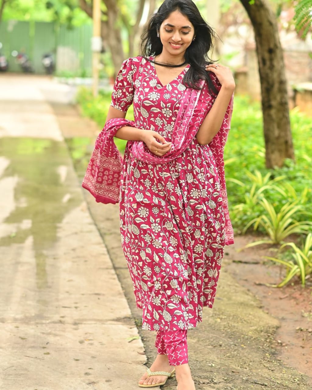 Raspberry Pink Floral Printed Cotton Suit Set