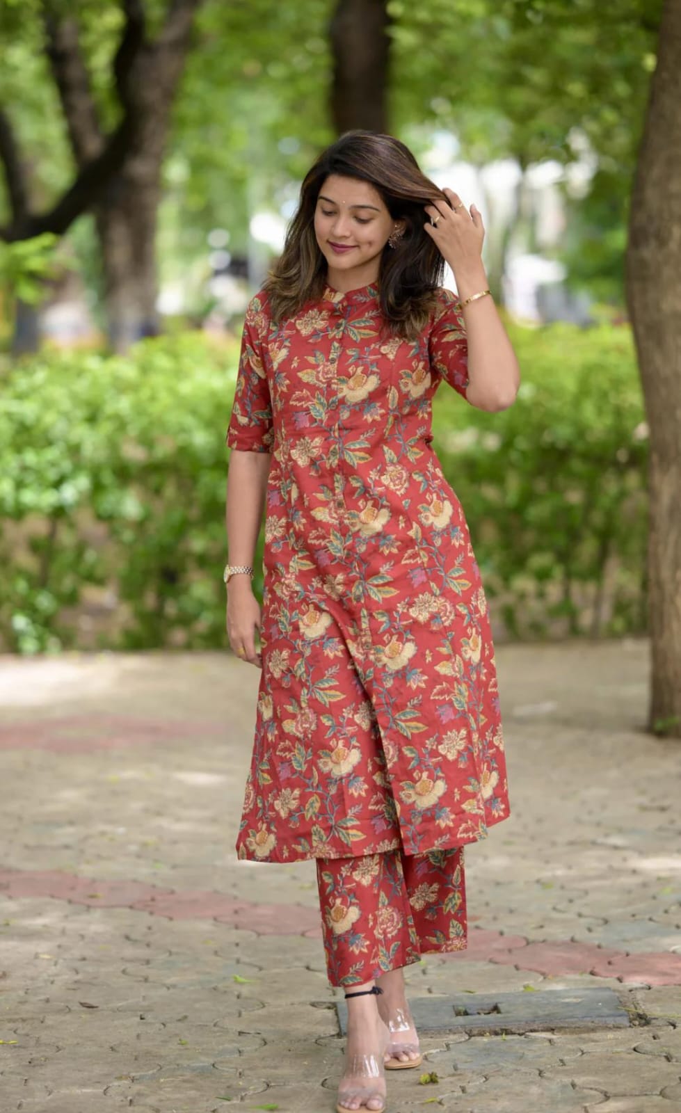 Elegant Floral Print Red Co-Ord Set
