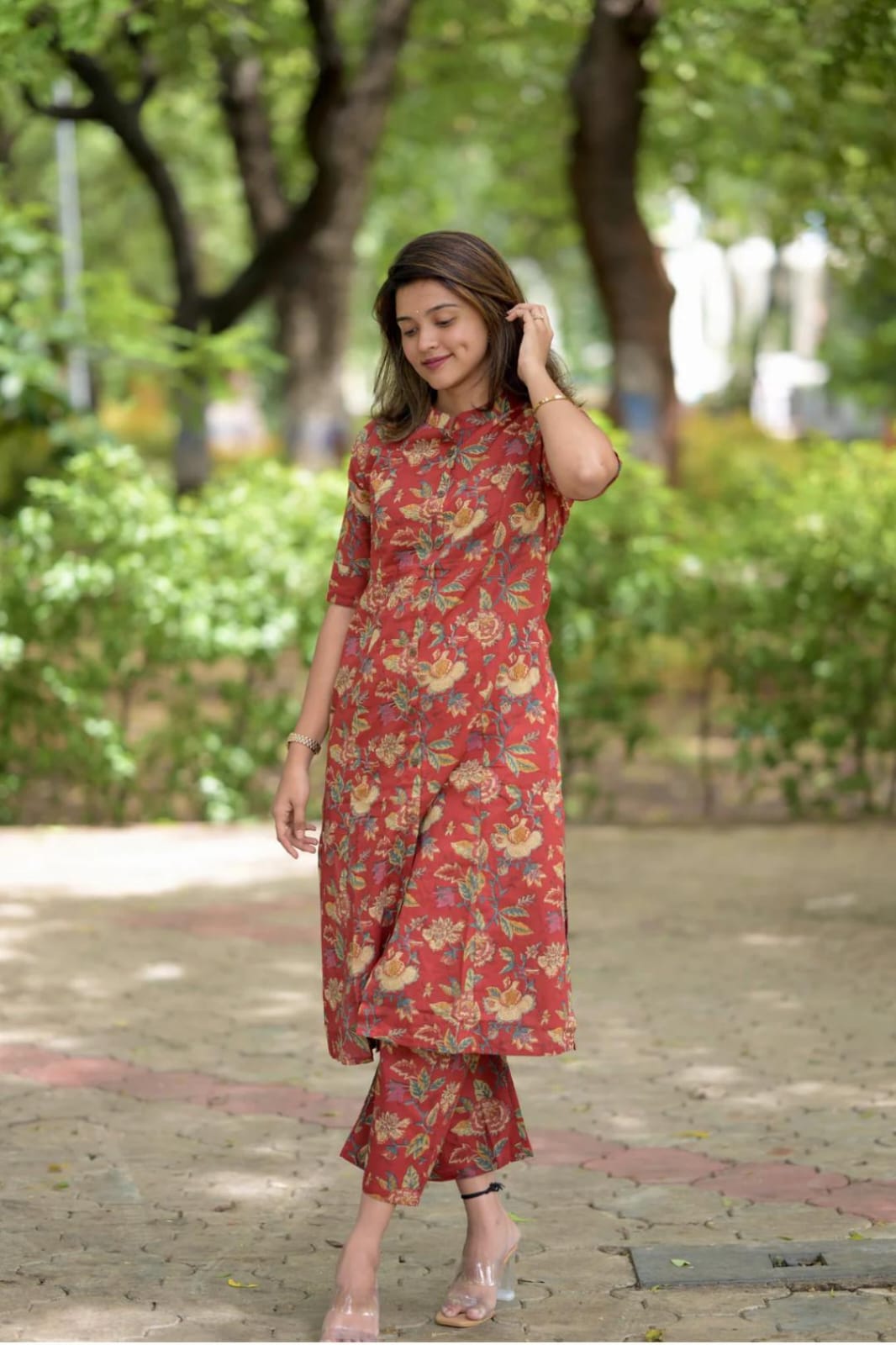 Elegant Floral Print Red Co-Ord Set