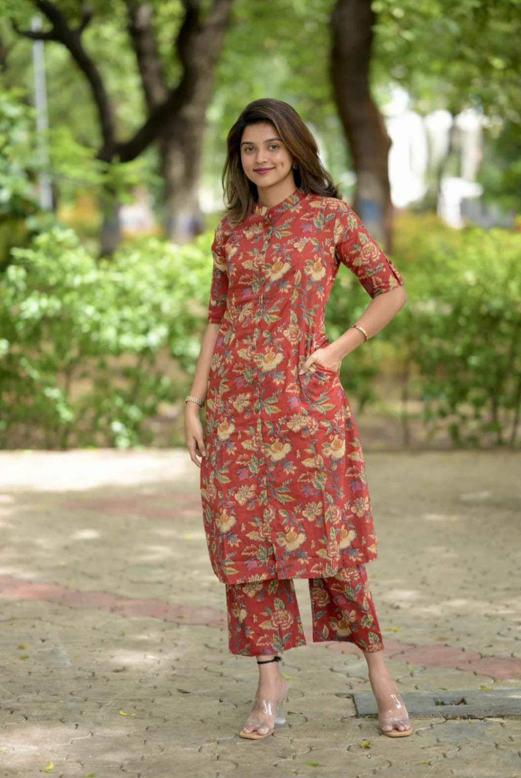 Elegant Floral Print Red Co-Ord Set