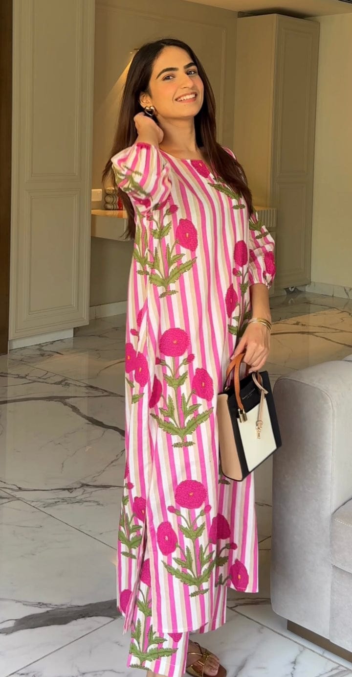 Pink & White Striped Floral Hand Block Printed Kurta with Puff Sleeves.