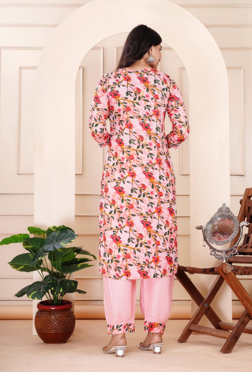 Blush Pink Embroidered Floral Rayon Kurta Set with Dupatta