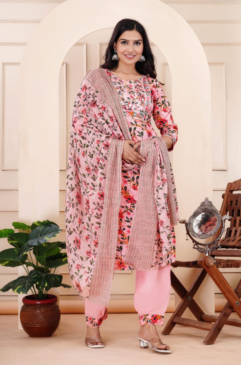 Blush Pink Embroidered Floral Rayon Kurta Set with Dupatta