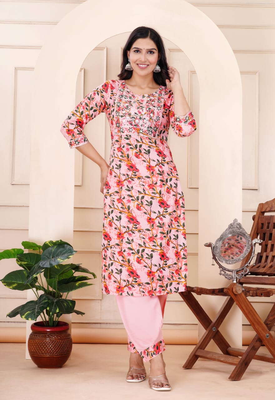 Blush Pink Embroidered Floral Rayon Kurta Set with Dupatta