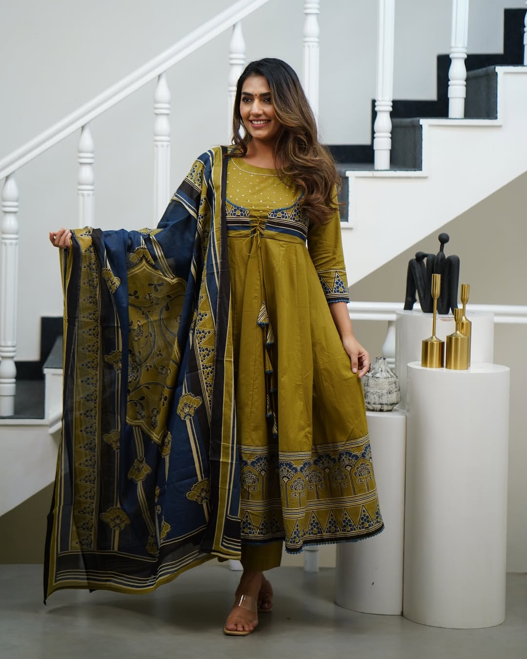 Elegant Mustard & Navy Blue Cotton Printed Anarkali Kurta Set with Dupatta