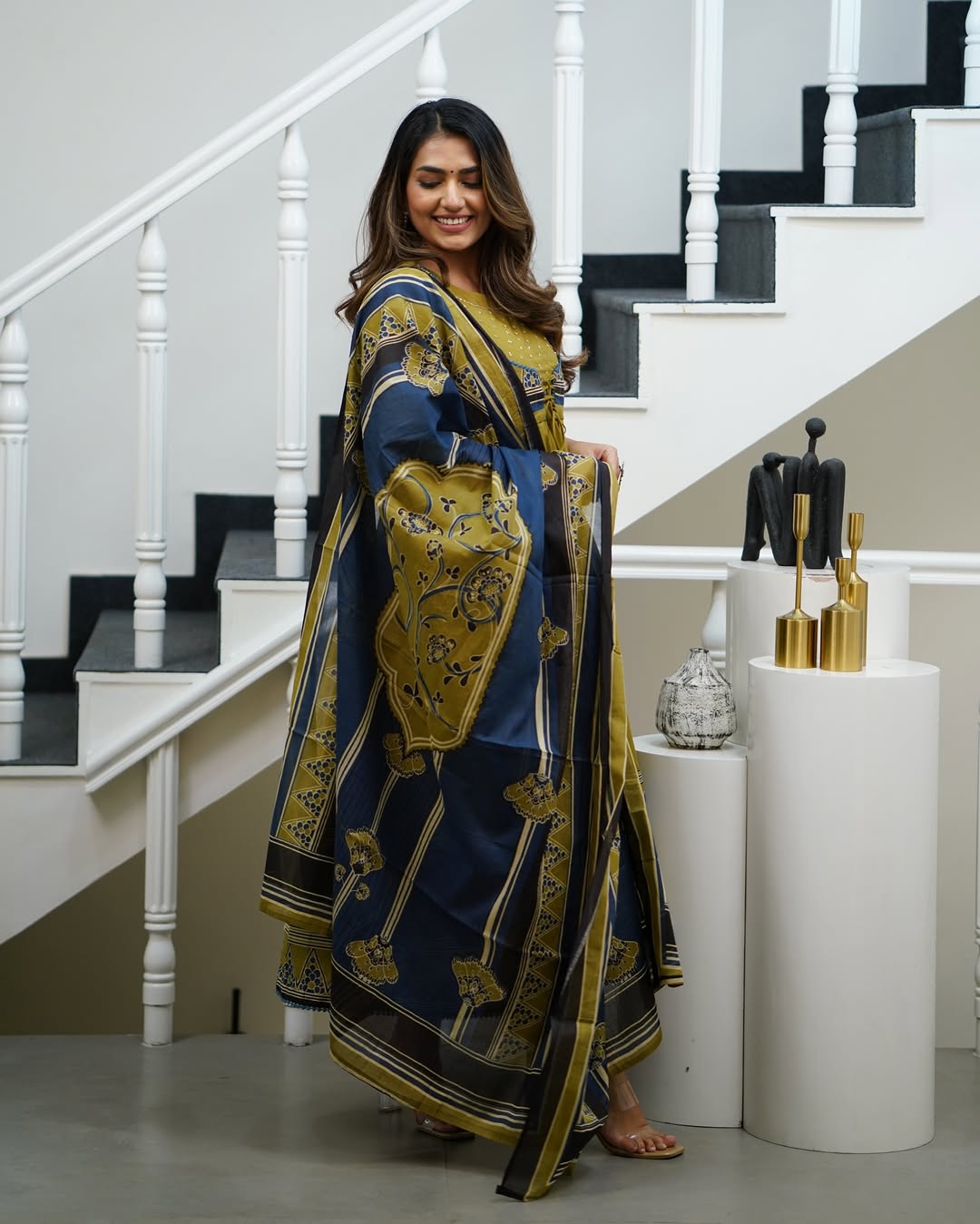 Elegant Mustard & Navy Blue Cotton Printed Anarkali Kurta Set with Dupatta