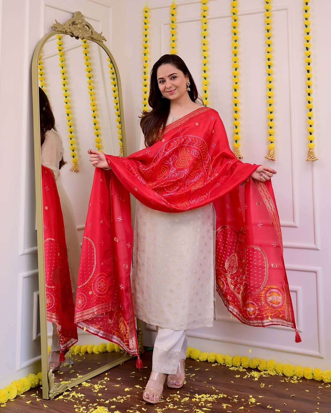 Graceful Ivory Embroidered Kurta Set with Vibrant Red Bandhani Dupatta