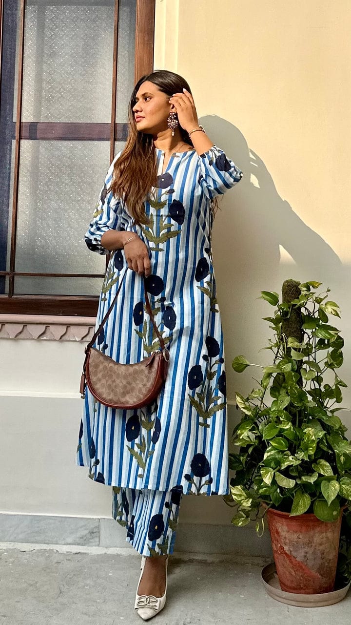 Blue & White Striped Floral Hand Block Printed Kurta with Puff Sleeves
