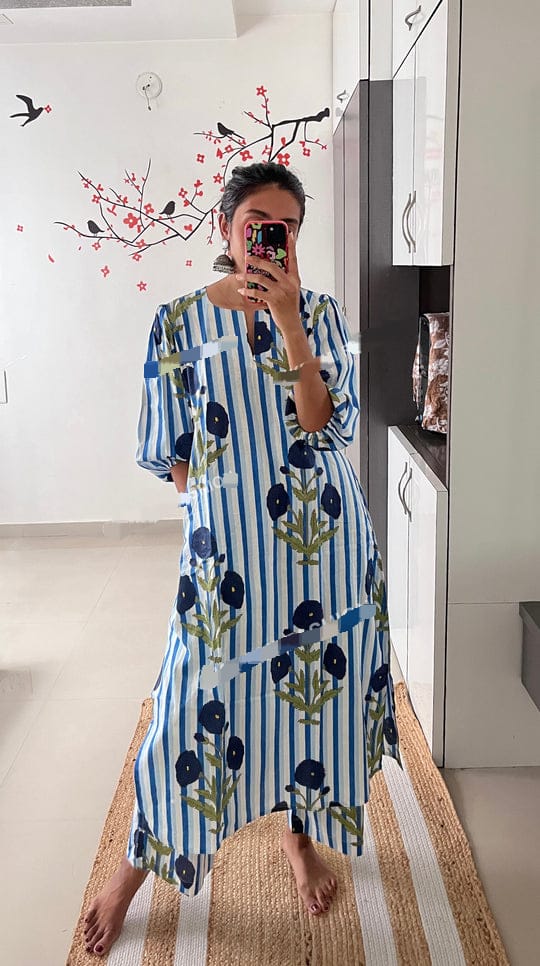 Blue & White Striped Floral Hand Block Printed Kurta with Puff Sleeves