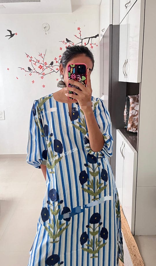 Blue & White Striped Floral Hand Block Printed Kurta with Puff Sleeves