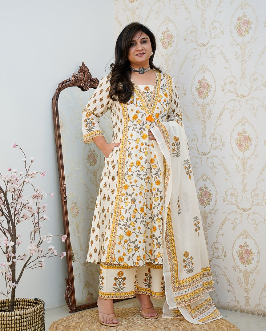 White & Yellow Floral Cotton Kurta Set with Dupatta