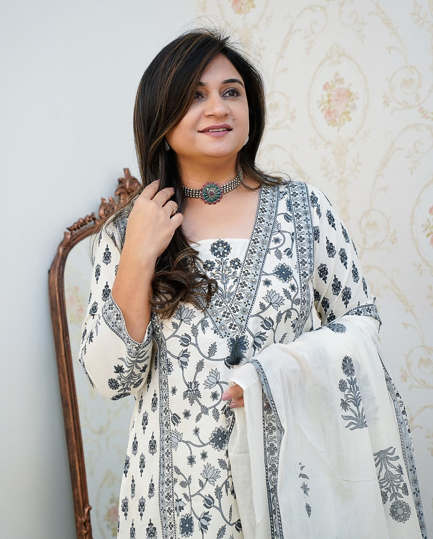 White & Black Floral Cotton Kurta Set with Dupatta
