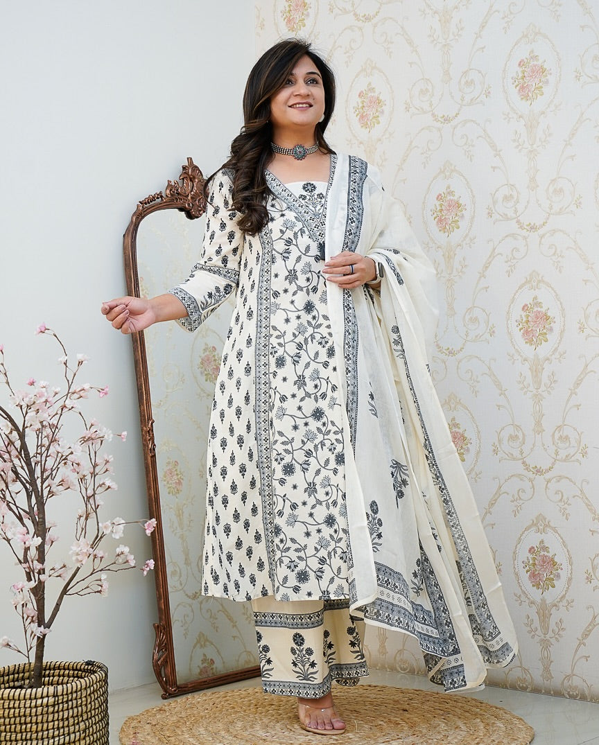White & Black Floral Cotton Kurta Set with Dupatta