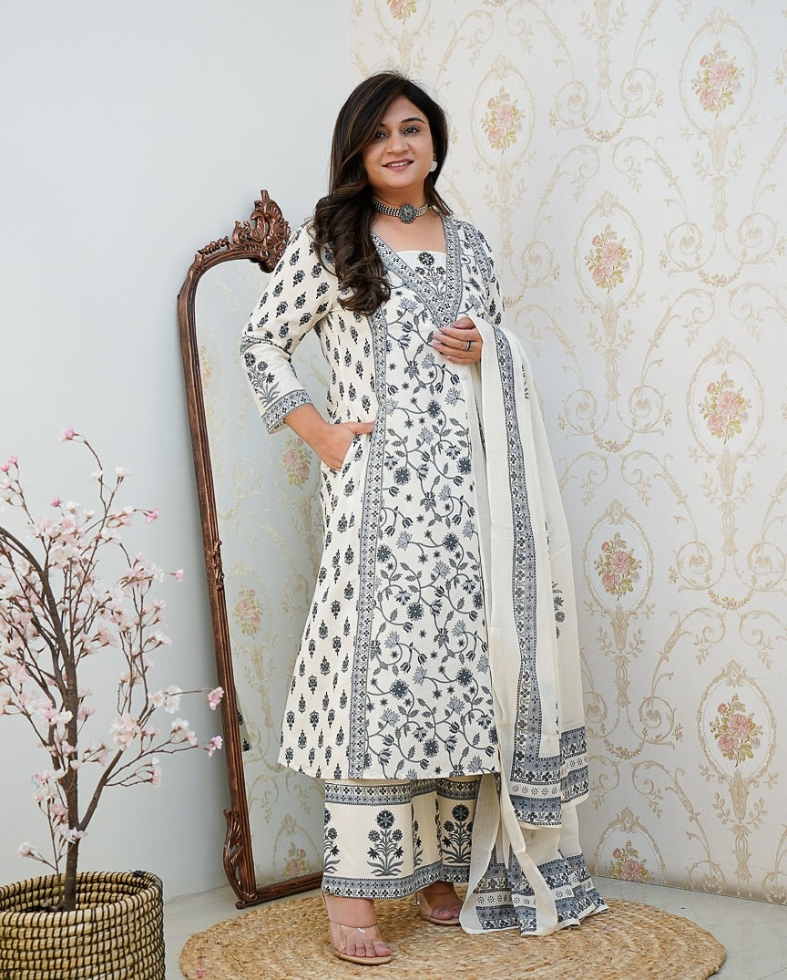 White & Black Floral Cotton Kurta Set with Dupatta