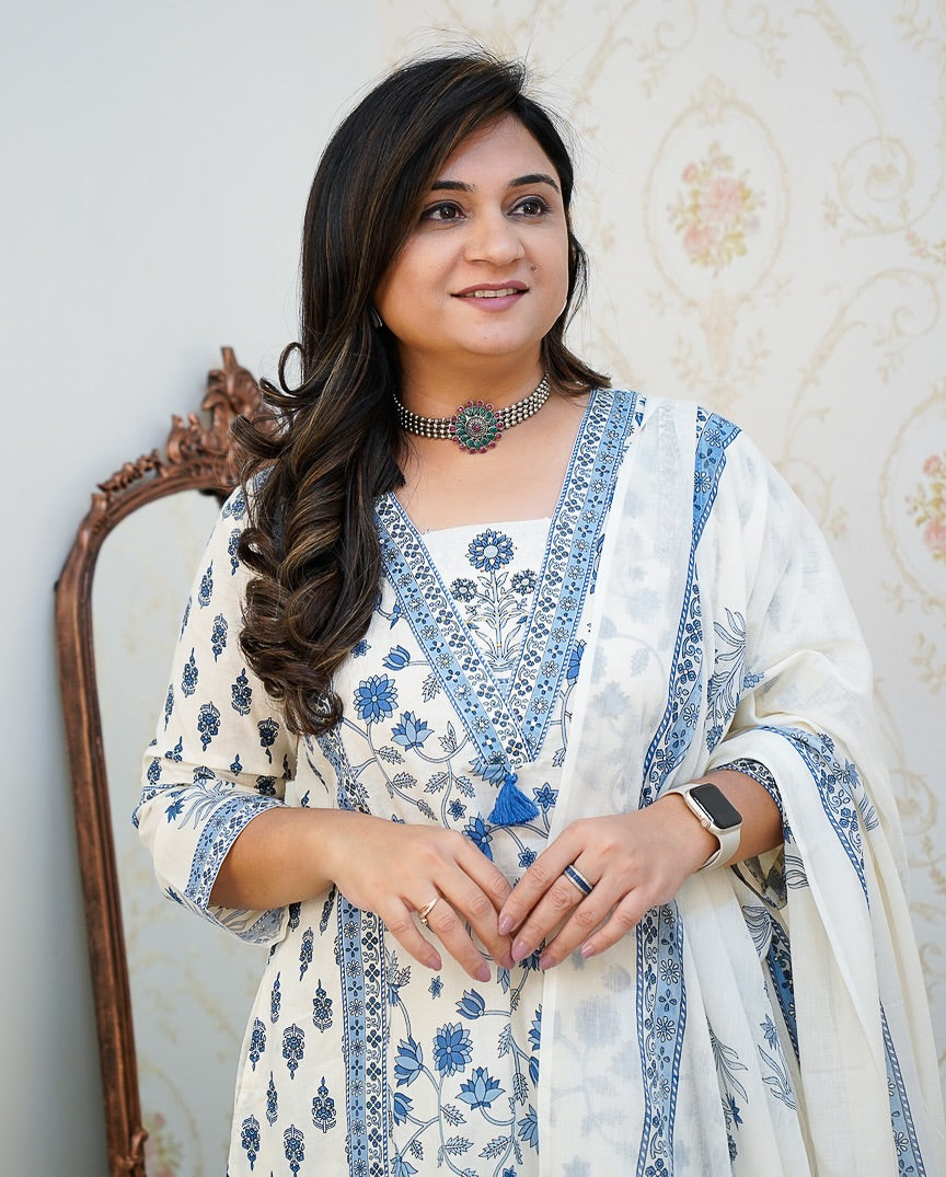 White & Blue Floral Cotton Kurta Set with Dupatta