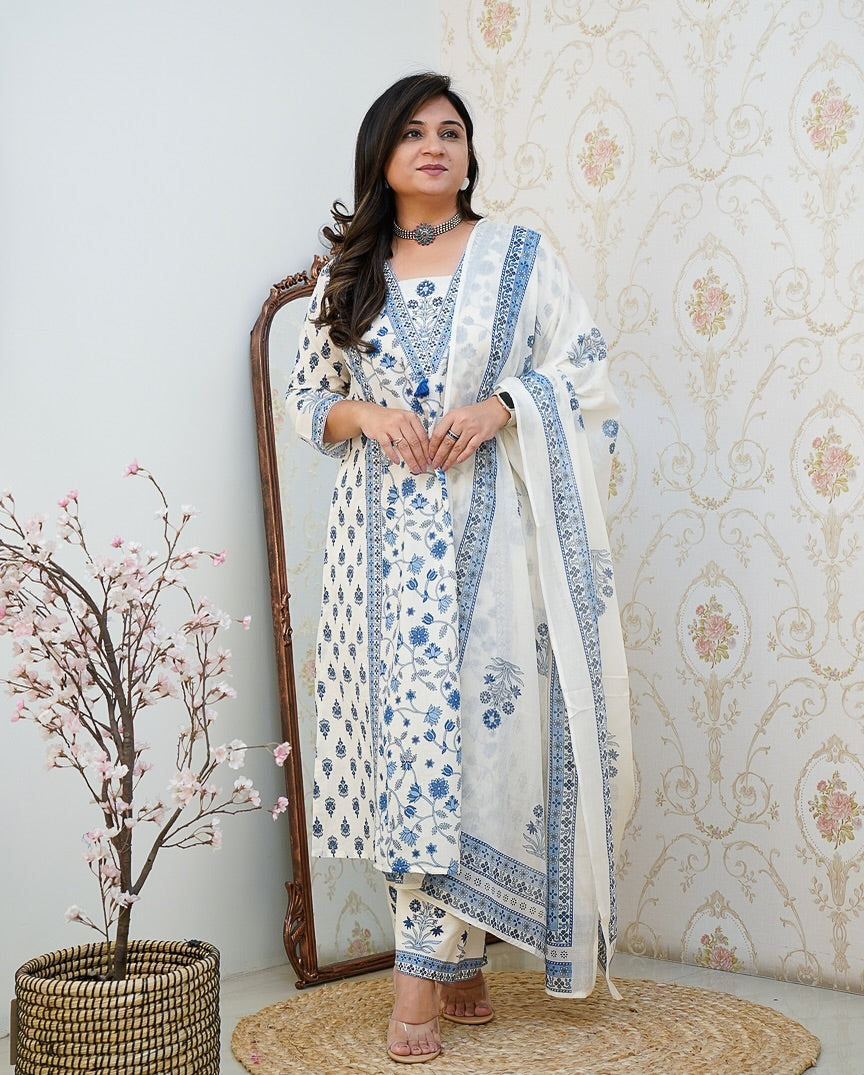 White & Blue Floral Cotton Kurta Set with Dupatta