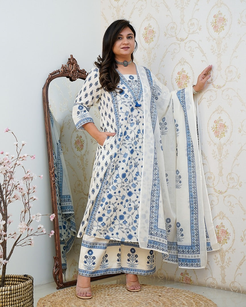 White & Blue Floral Cotton Kurta Set with Dupatta