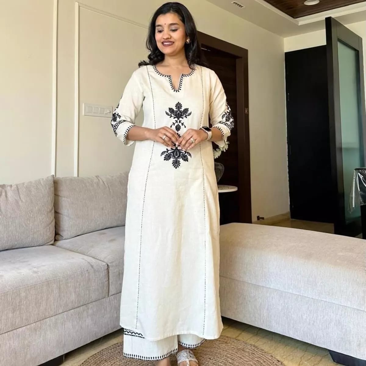 Off-White Elegant South Cotton Embroidered Co-Ord Set