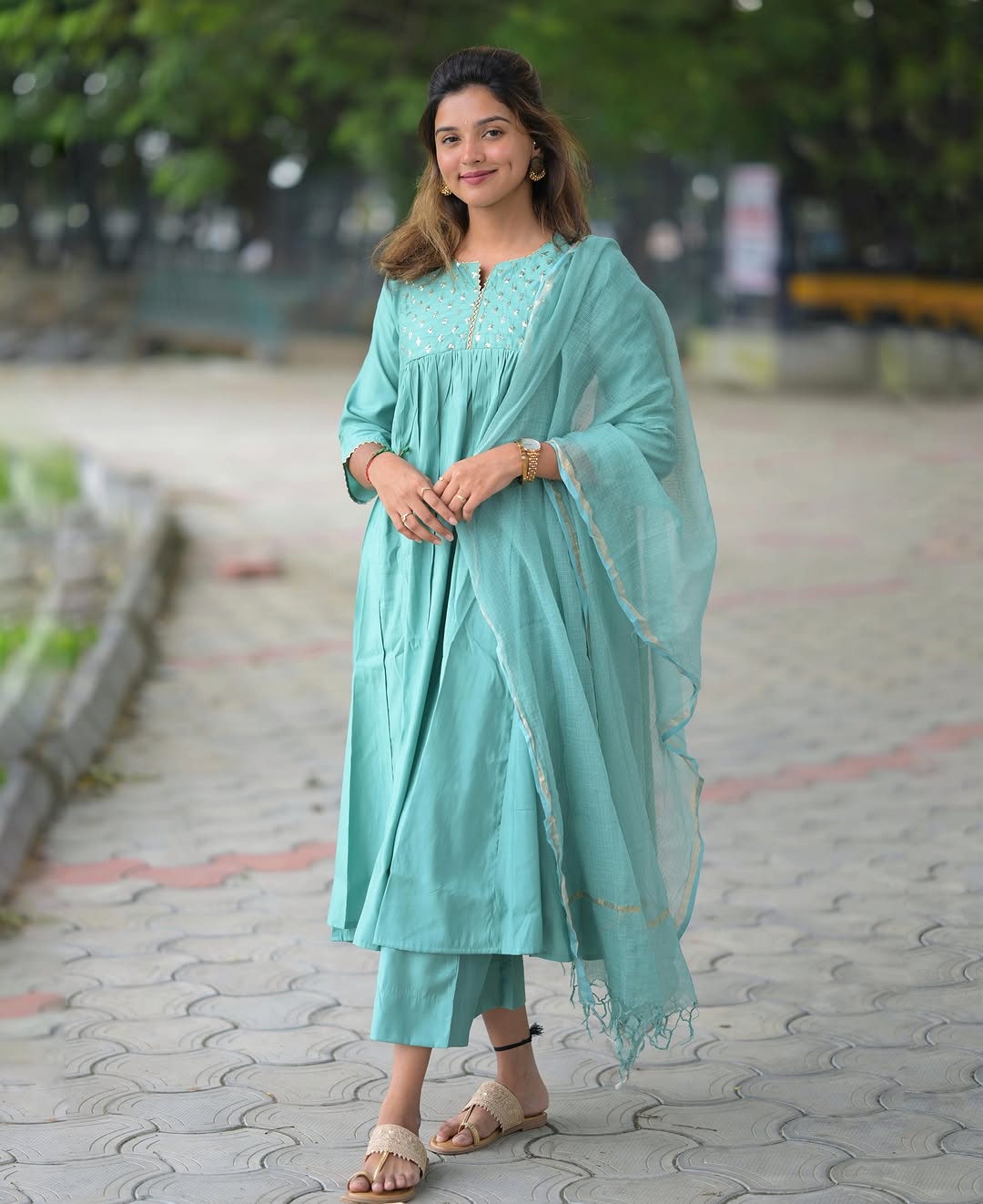 Elegant Aqua Blue Hand Work Kurta Set with Dupatta