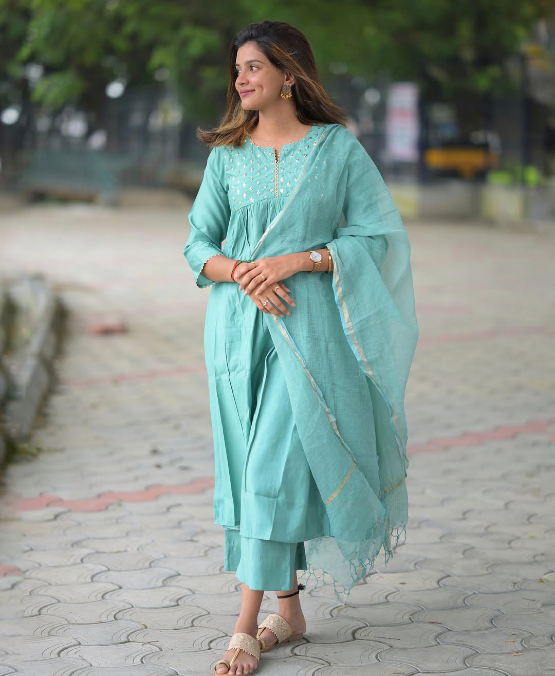 Elegant Aqua Blue Hand Work Kurta Set with Dupatta
