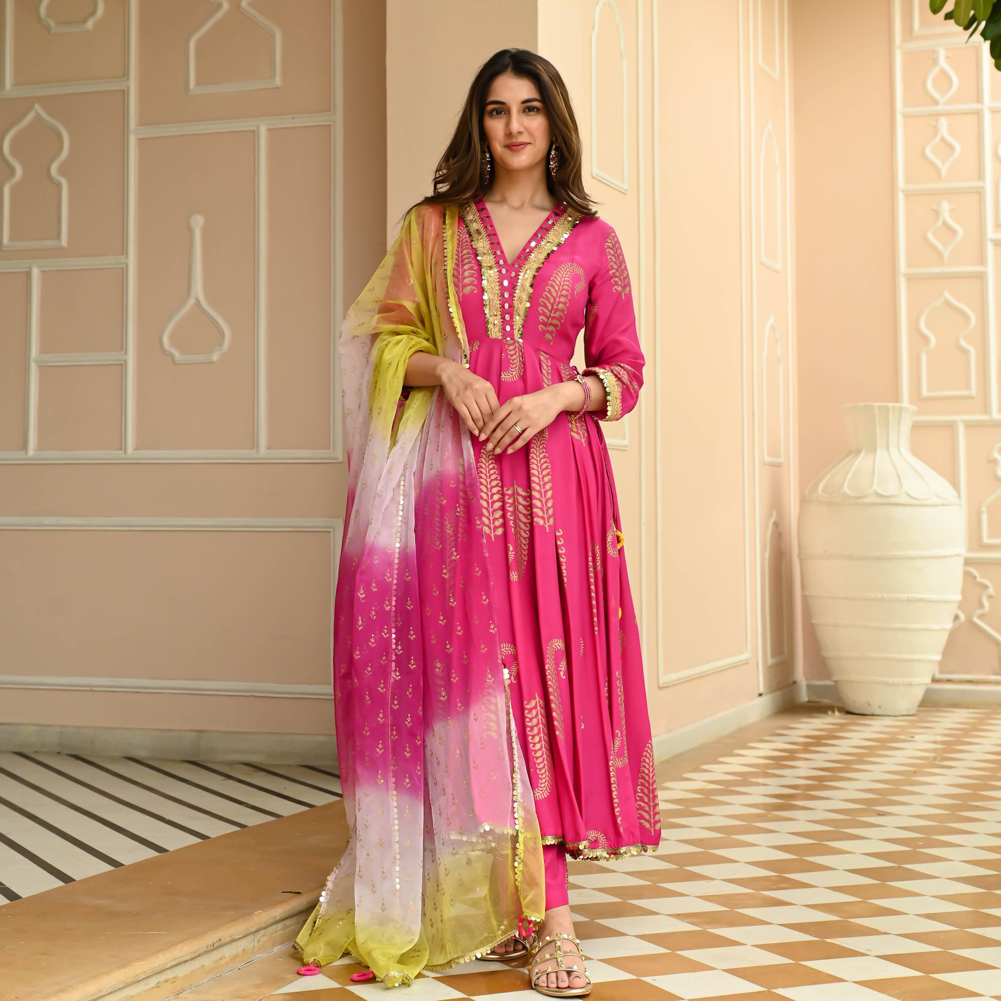Radiant Pink Anarkali Suit with Tie-Dye Dupatta and Gold Accents