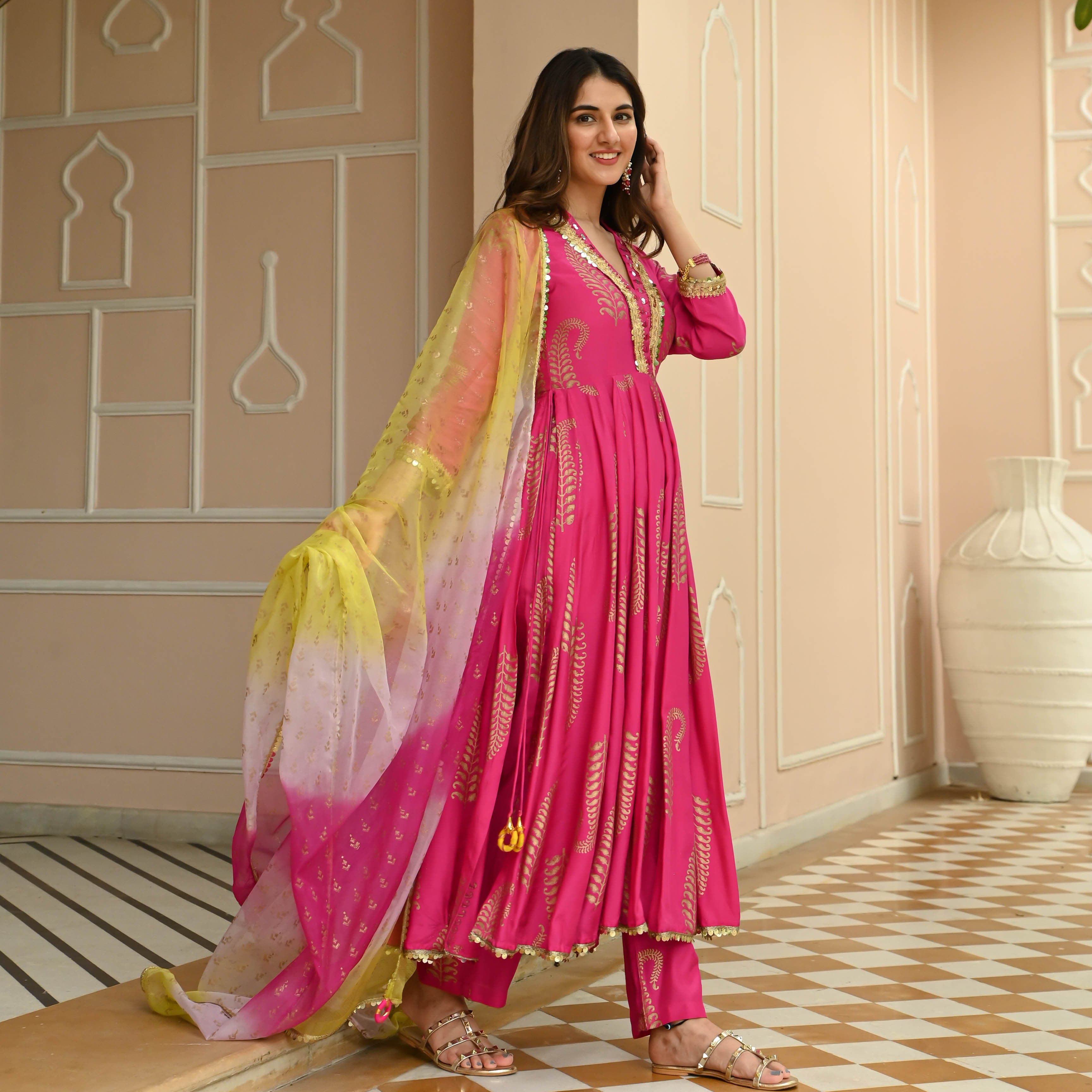 Radiant Pink Anarkali Suit with Tie-Dye Dupatta and Gold Accents
