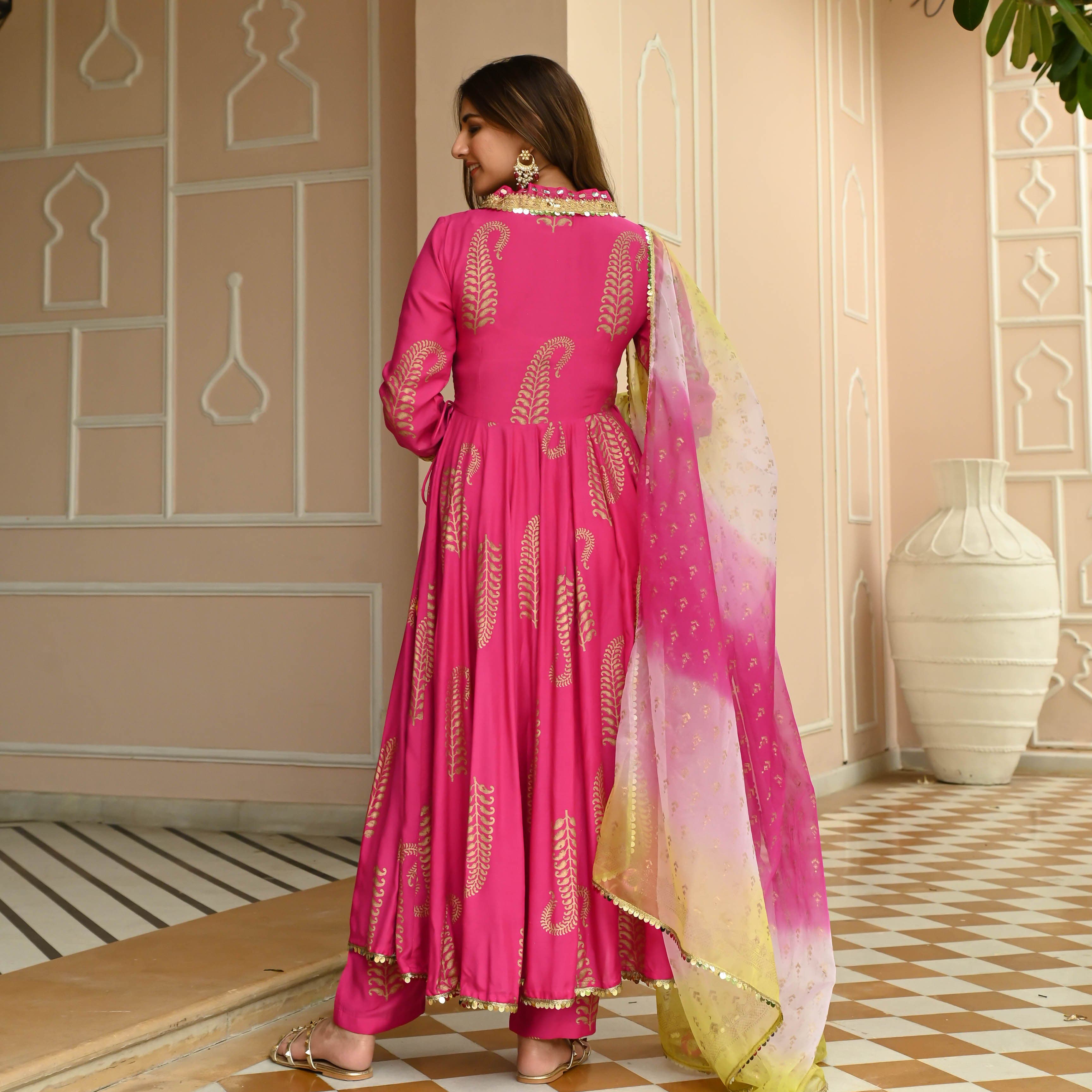 Radiant Pink Anarkali Suit with Tie-Dye Dupatta and Gold Accents