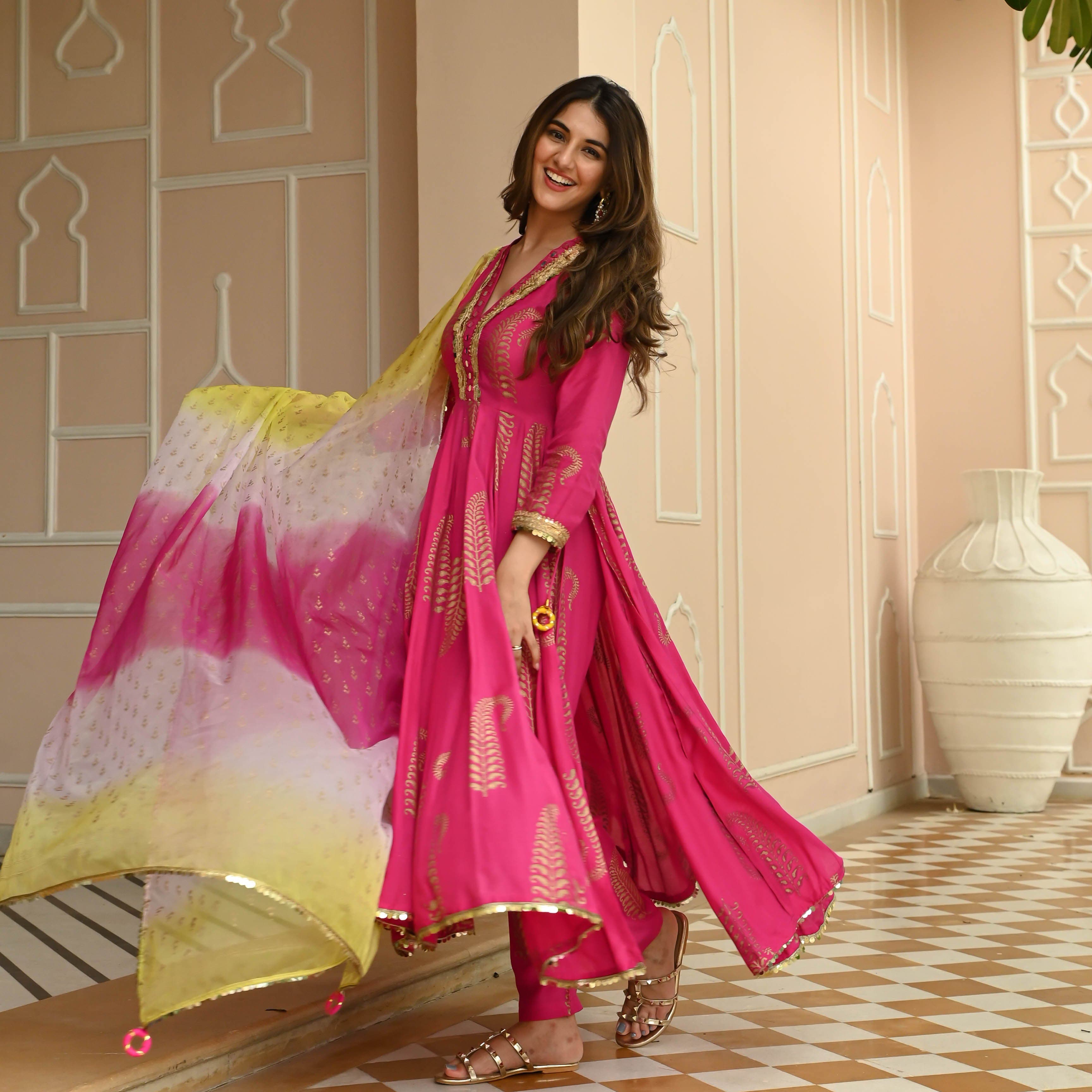 Radiant Pink Anarkali Suit with Tie-Dye Dupatta and Gold Accents