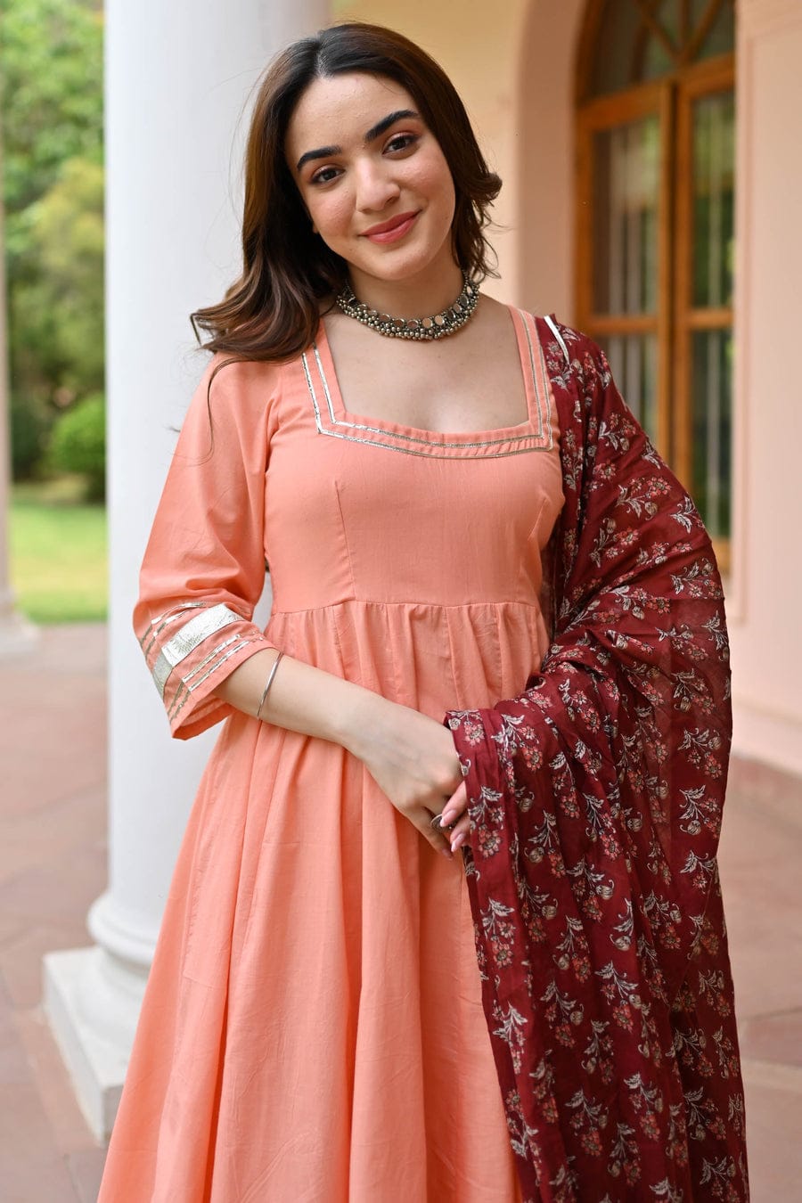 Peach Anarkali Kurta Set with printed Dupatta
