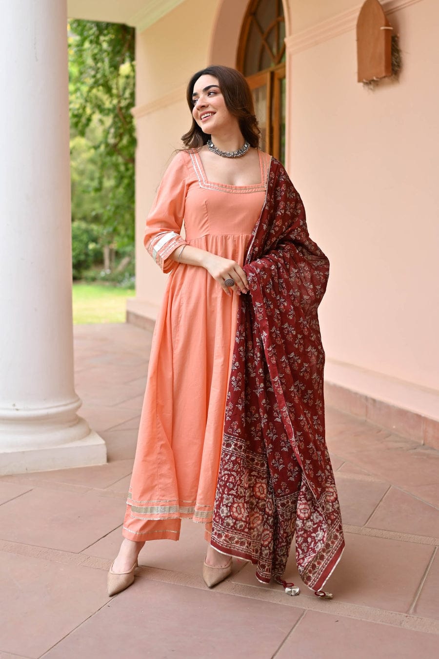 Peach Anarkali Kurta Set with printed Dupatta