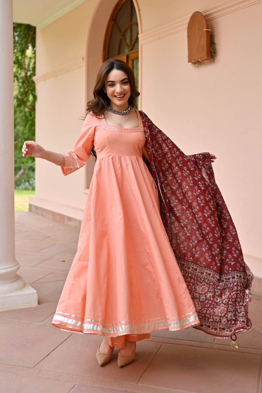 Peach Anarkali Kurta Set with printed Dupatta