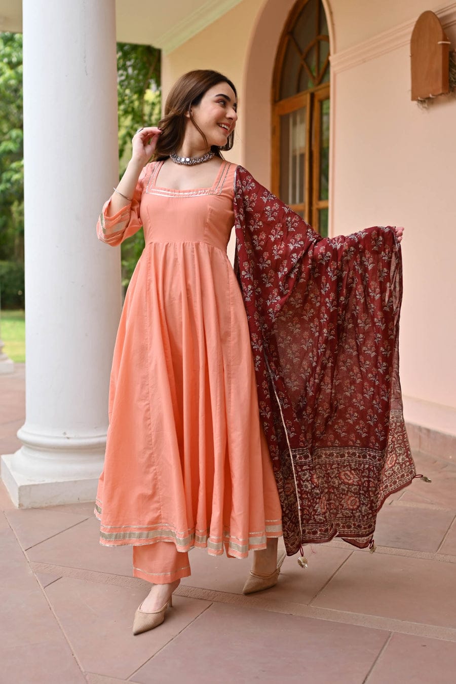 Peach Anarkali Kurta Set with printed Dupatta