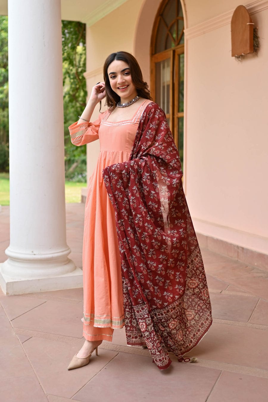 Peach Anarkali Kurta Set with printed Dupatta