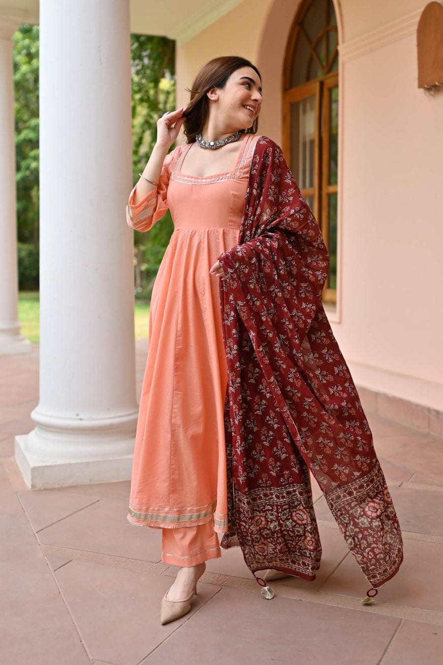 Peach Anarkali Kurta Set with printed Dupatta