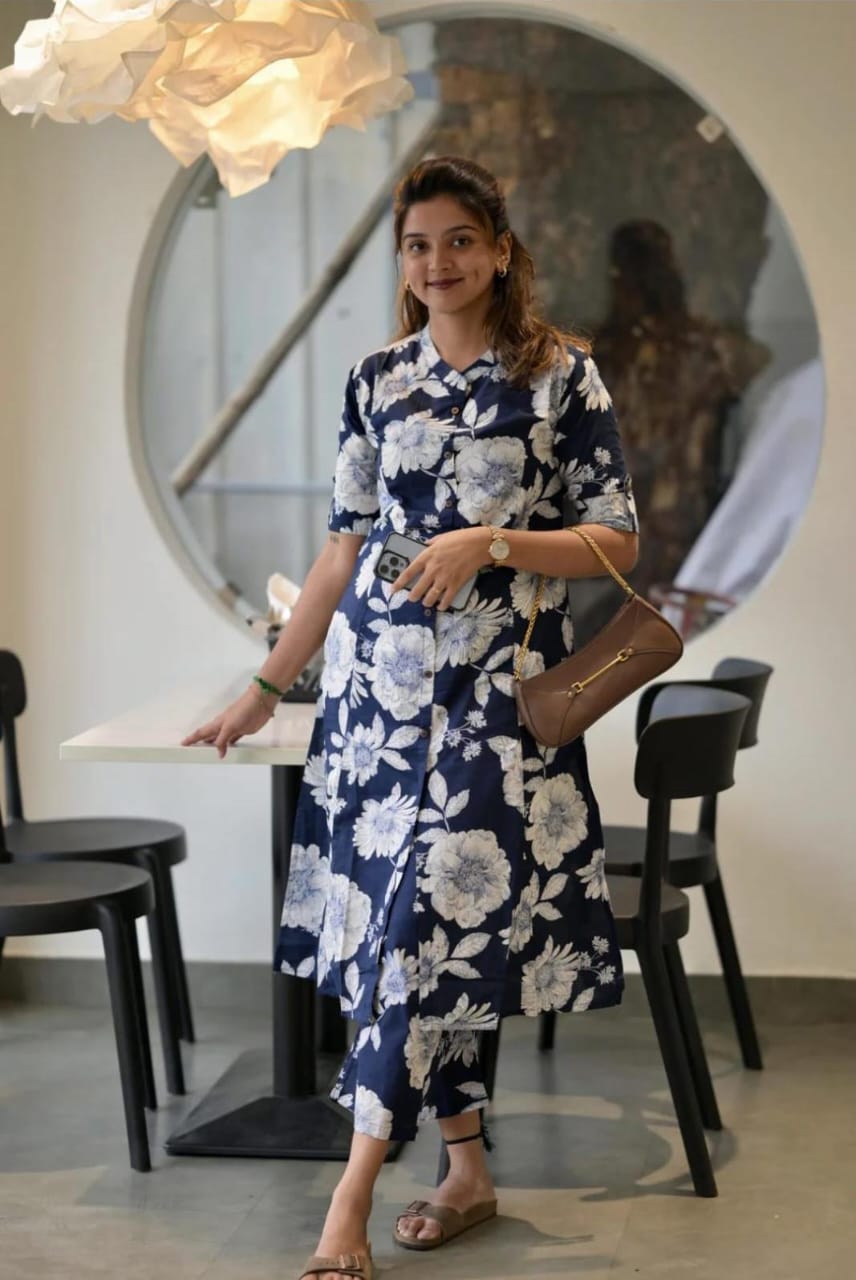 Navy Blue Floral Cotton Co-Ord Set