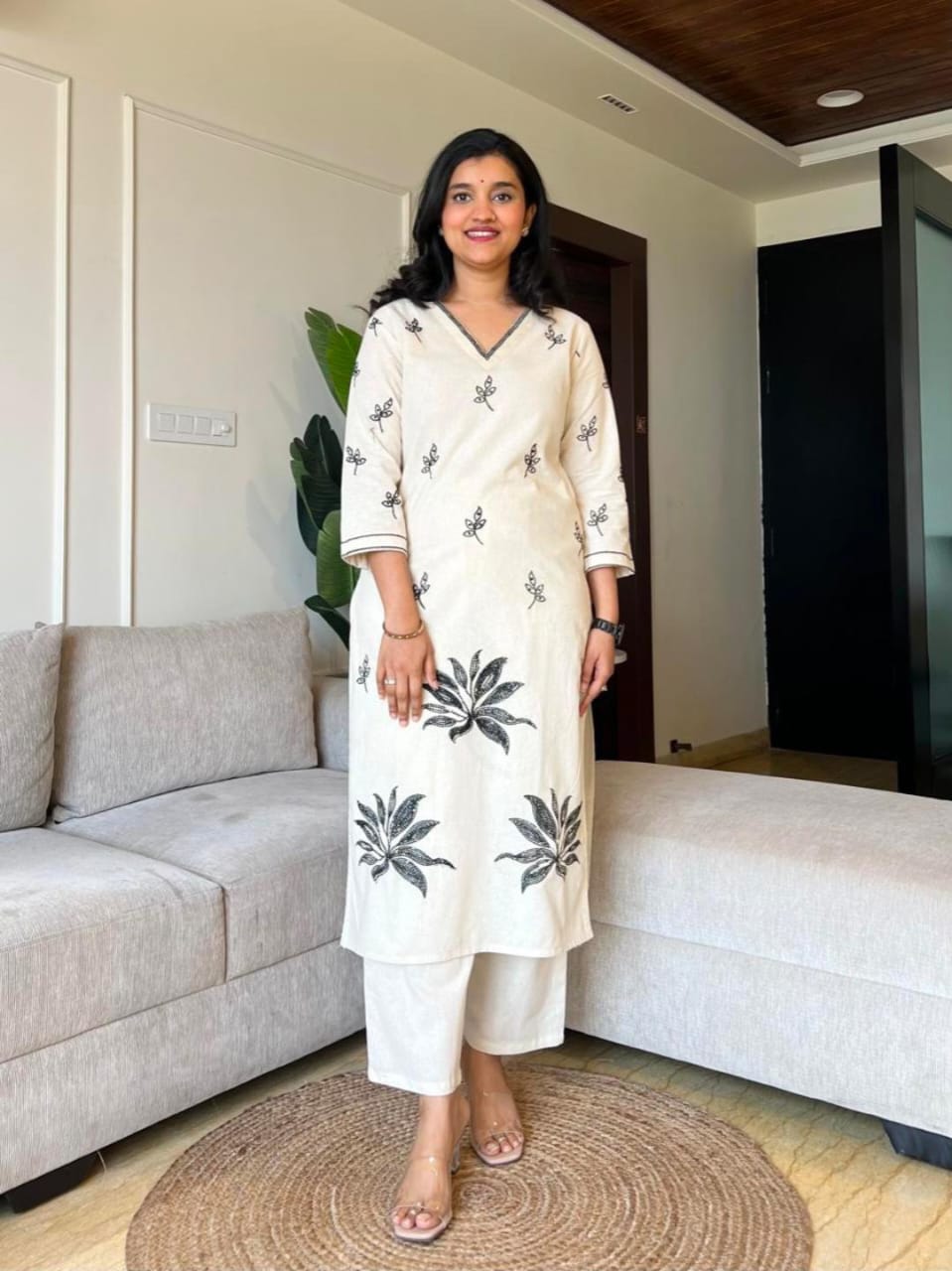 White Cotton Flex Co-Ord Set with Black Leaf Embroidery