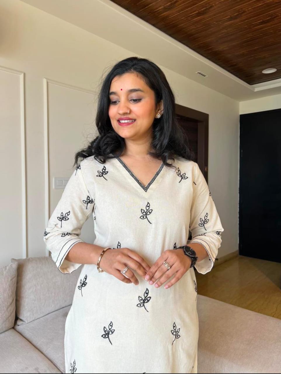 White Cotton Flex Co-Ord Set with Black Leaf Embroidery