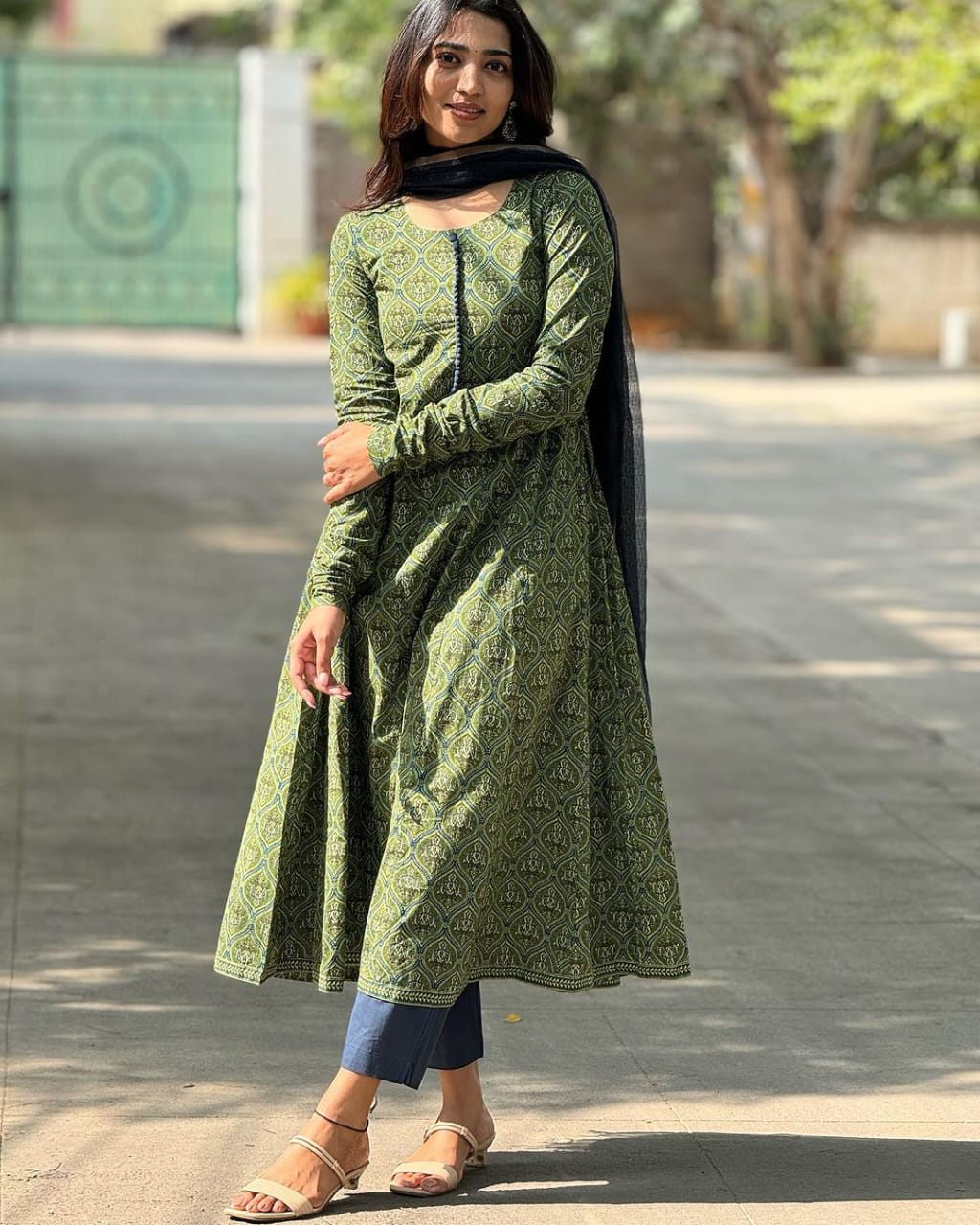 Elegant Green Printed Anarkali Kurta Set with Kota Dori Dupatta