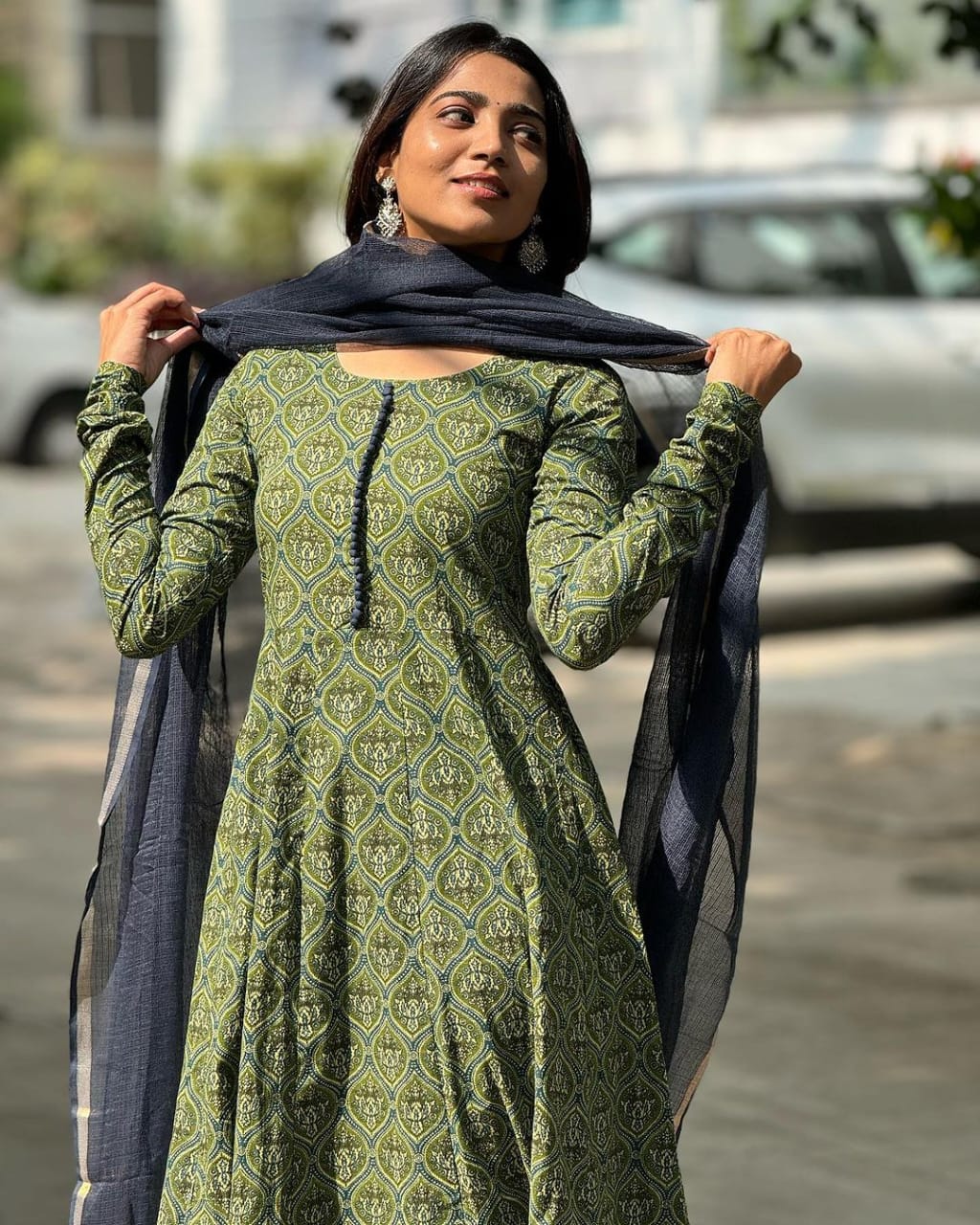 Elegant Green Printed Anarkali Kurta Set with Kota Dori Dupatta