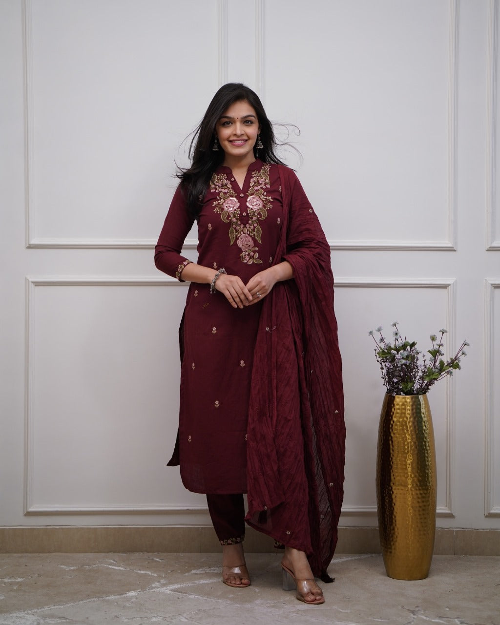 Maroon Cotton Kurta Set with Floral Embroidery