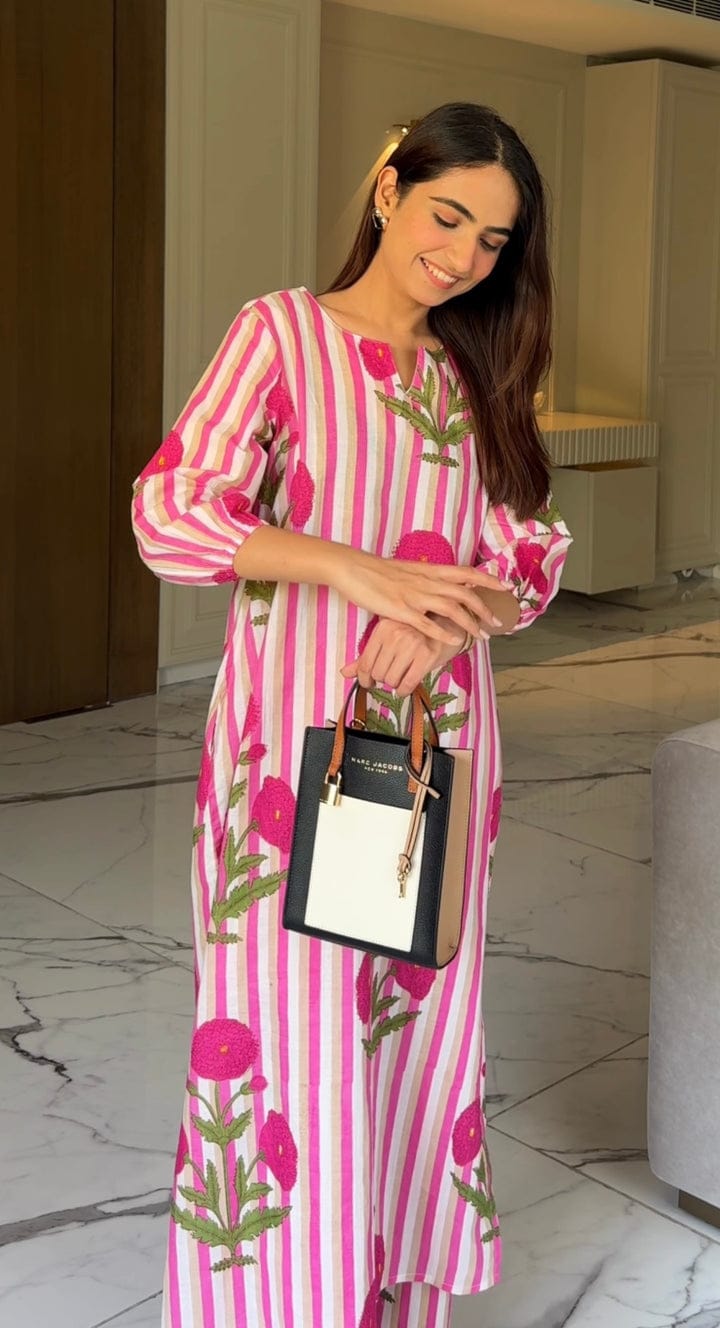 Pink & White Striped Floral Hand Block Printed Kurta with Puff Sleeves.