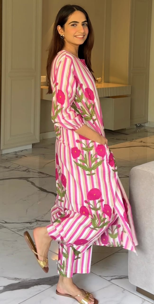 Pink & White Striped Floral Hand Block Printed Kurta with Puff Sleeves.