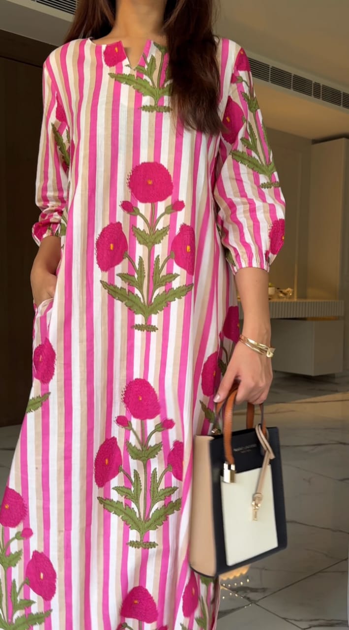 Pink & White Striped Floral Hand Block Printed Kurta with Puff Sleeves.